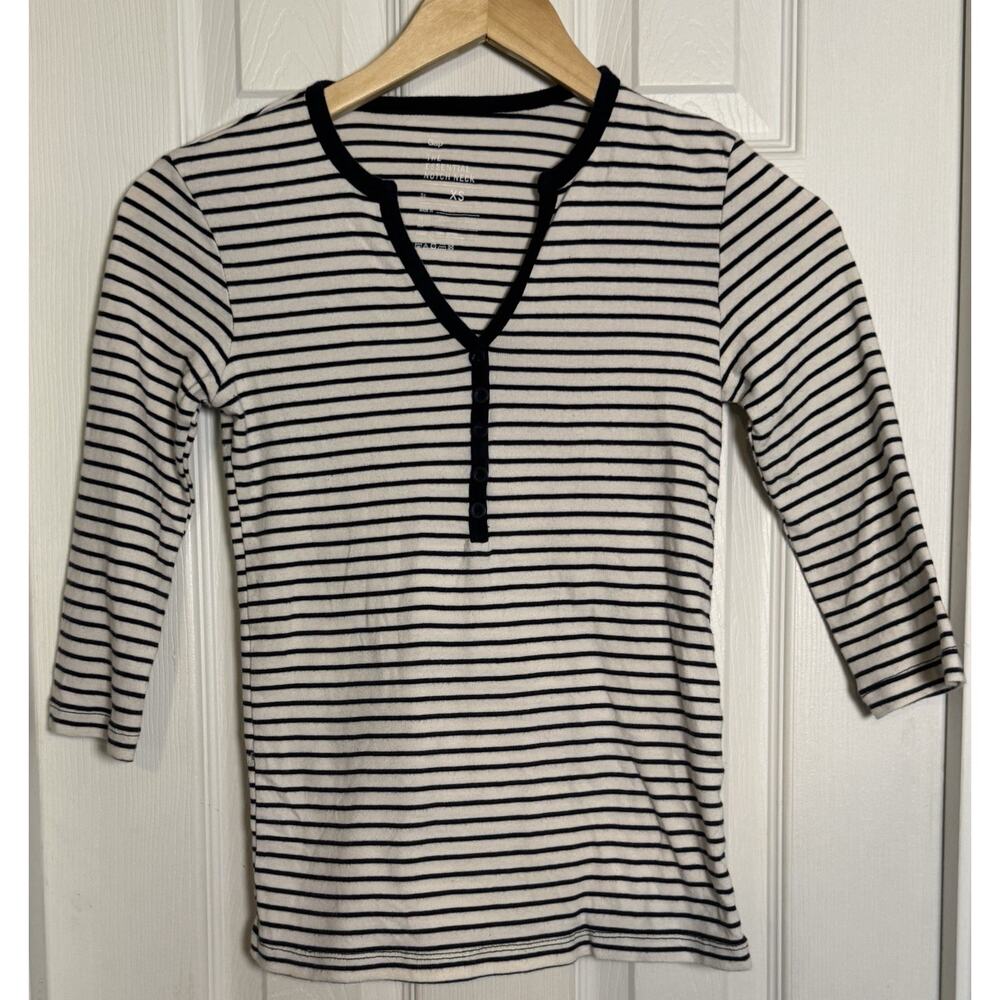 GAP The Essential Notch Neck Shirt, Women’s, White W/ Stripes, XS
